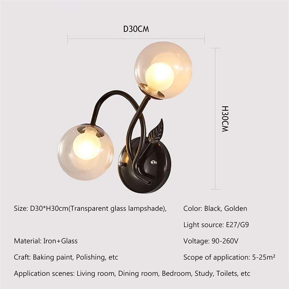Indoor Bedside Lamp Wall Wash Light - Double Head Wall Lamp Wrought Iron Lamp Body with Glass Lampshade Wall Light Apply to Bedroom Bathroom(Black)