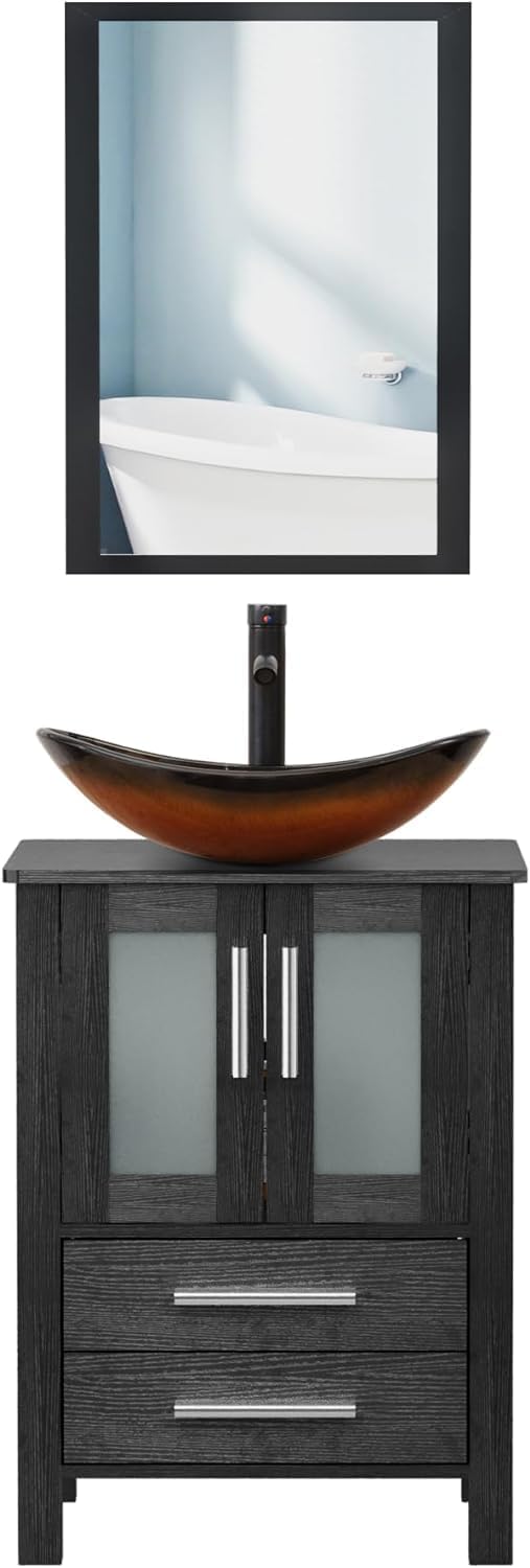 UEV 24' Black Bathroom Vanity with Vessel Sink,Modern Bathroom Vanity Cabinet, Faucet Sink Bowl,Pop Up Drain Included,Modern Brown Boat Tempered Glass Vessel Sink,Mirror Not Included(029BR-new)