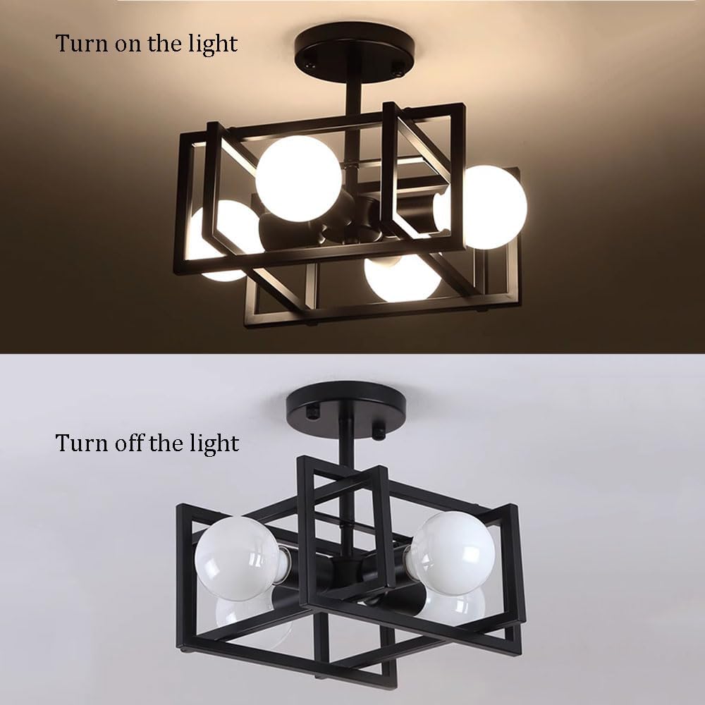 Modern Semi Flush Mount Ceiling Light Fixture Square Bathroom Ceiling Mounted Light Industrial Ceiling Lights in Black Finish Mid Century Semi Flush Mount Ceiling Light