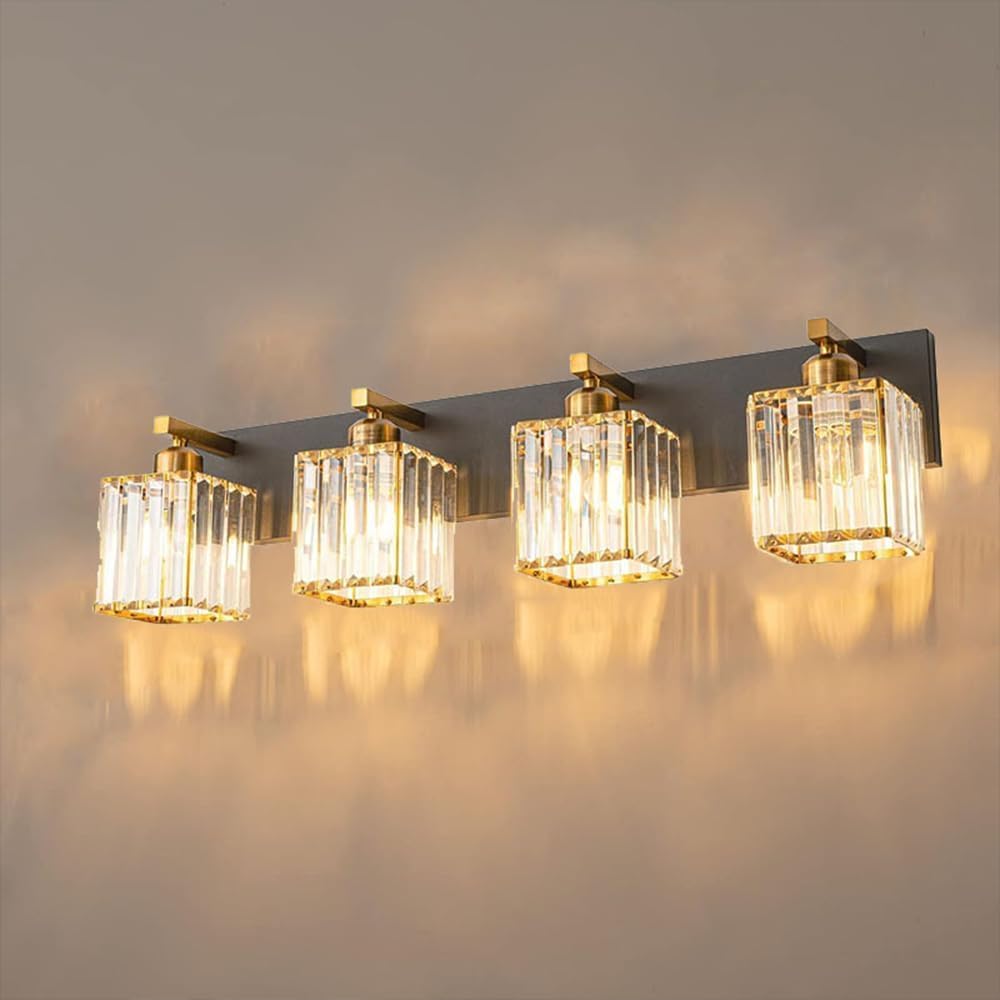 4-Light Antique Bathroom Vanity Lights - Black d Modern Fixtures with Square Clear Crystal Shades, Farmhouse Wall Lamp for Dressing Table & Mirror Lighting.