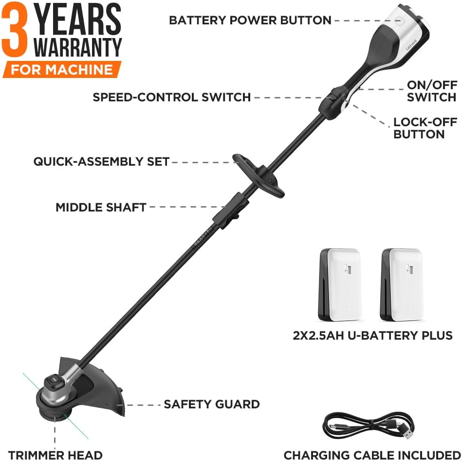 Litheli 2x20V 14' Brushless Cordless String Trimmer, Battery Powered Weed Eater, U20 Series Grass Trimmer with 2.5Ah Battery, Dual Line Bump Feed for Lawn Trimming, Lawn Care