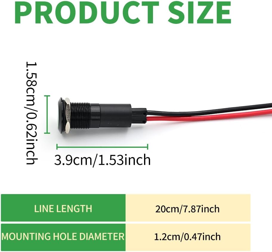 50PCS 12mm (1/2') Green LED Indicator Light Waterproof Metal Signal Lamp 5V 12V 24V IP67 Pilot Dash Head for Car Industrial Equipment Light (12V-Black Shell Green 50PCS)