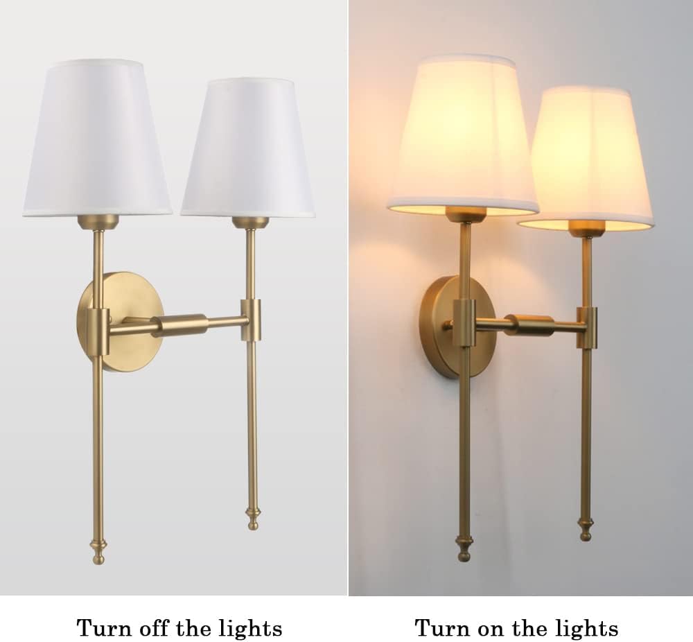 PERMO Classic Rustic Double Sconce Large 2-Lights Wall Sconce with Flared White Textile Lamp Shade and Antique Brass Finished Long Arm, Wall Sconce Light Fixture for Living Room Bathroom Bedroom