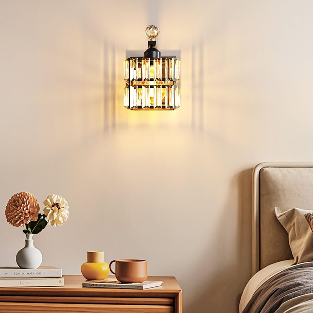Modern Crystal Wall Sconce Set of 2 Black Finish Square Double Layer Prism Vanity Light Fixture for Bathroom Bedroom Mirror Living Room
