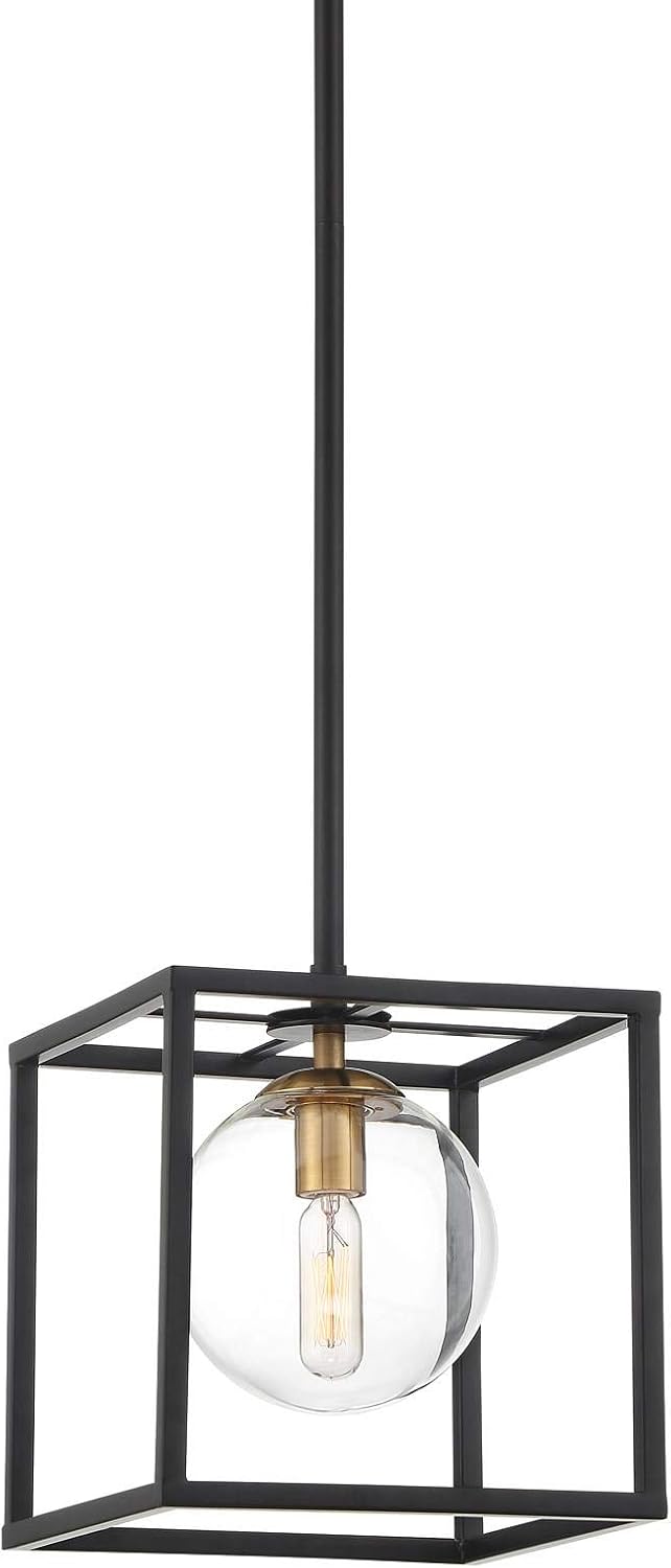 Possini Euro Design Delaney Black Burnished Brass Mini Pendant Light 8' Wide Modern Square Cage Round Clear Glass Shade Fixture Dining Room House Entryway Bedroom Kitchen Island Hallway Ceilings