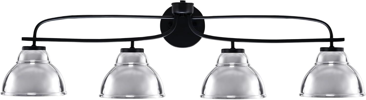 Toltec Lighting Cavella 4-Light Bath Bar – Modern Vanity Light Fixture for Bathroom – Dimmable and LED-Compatible Wall Light – Matte Black Finish, 7' Chrome Metal Shades