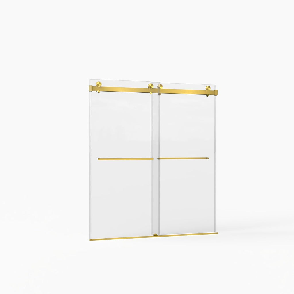 KEIKI 56-60' W x 70' H Frameless Double Sliding Shower Door, 5/16' (8mm) Thick SGCC Tempered Clear Glass, Double Side Easy Clean Coat, Brushed Gold Finished with Buffer