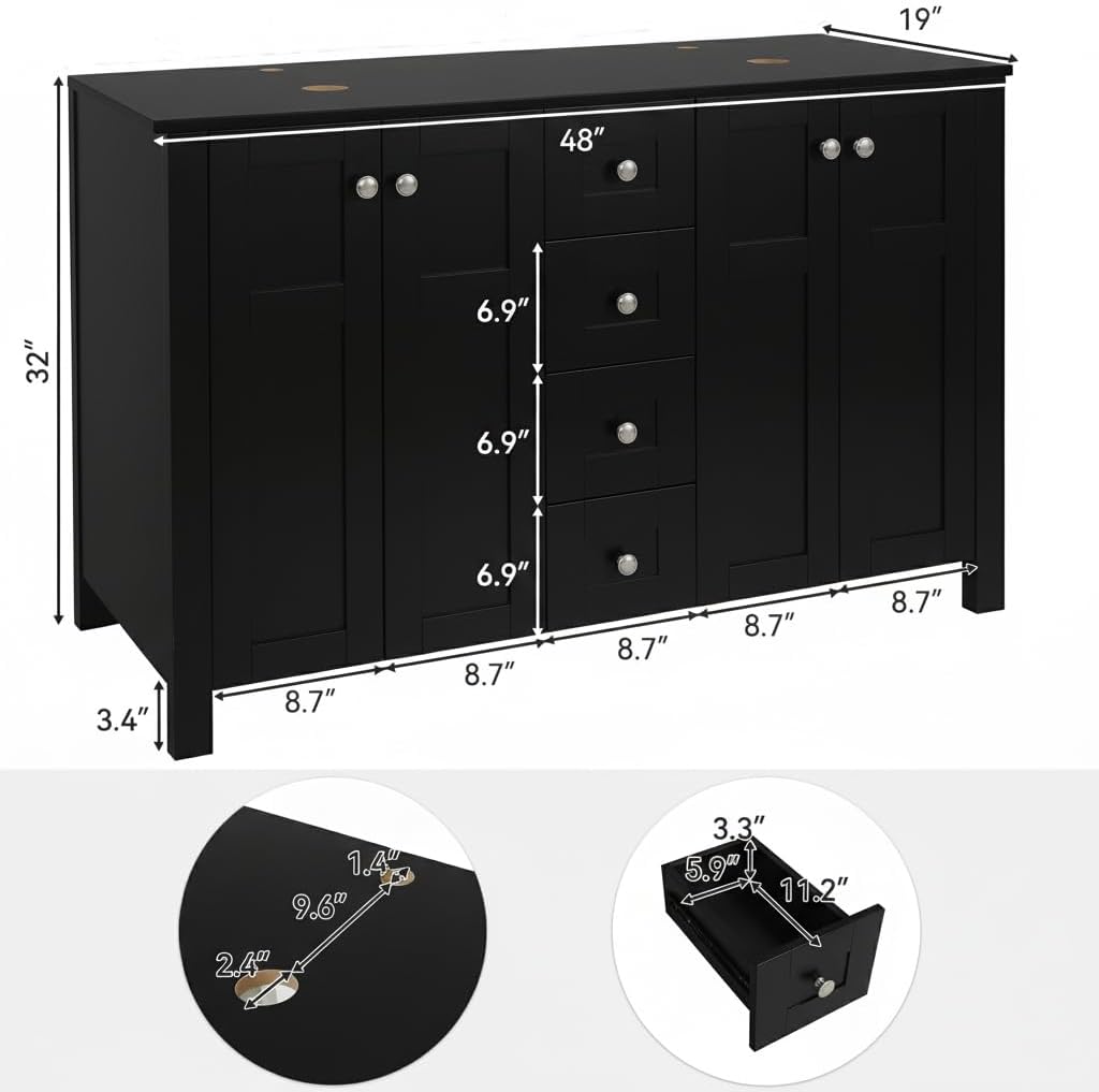 48 Inch Bathroom Vanity with Sink, Traditional Freestanding Black Bathroom Vanity Cabinet with Four Drawers, Pedestal Cabinet with Two Black Ceramic Vessel Sinks
