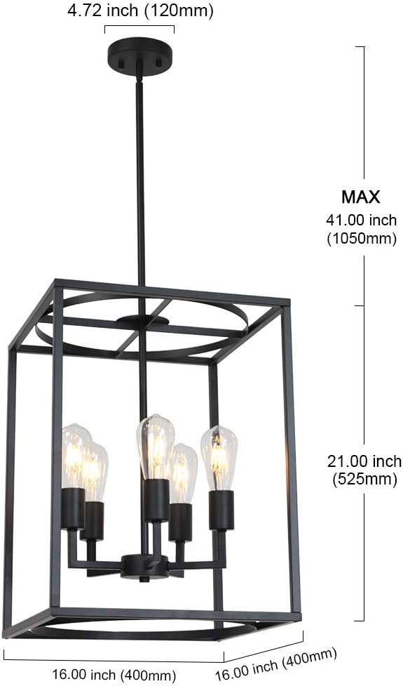 BONLICHT 5 Light Large Farmhouse Chandelier Rustic Dining Room Lighting Fixtures Hanging,Black Foyer Square Cage Pendant Lighting Vintage Industrial Kitchen Island Ceiling Lamp with Metal Art Shade
