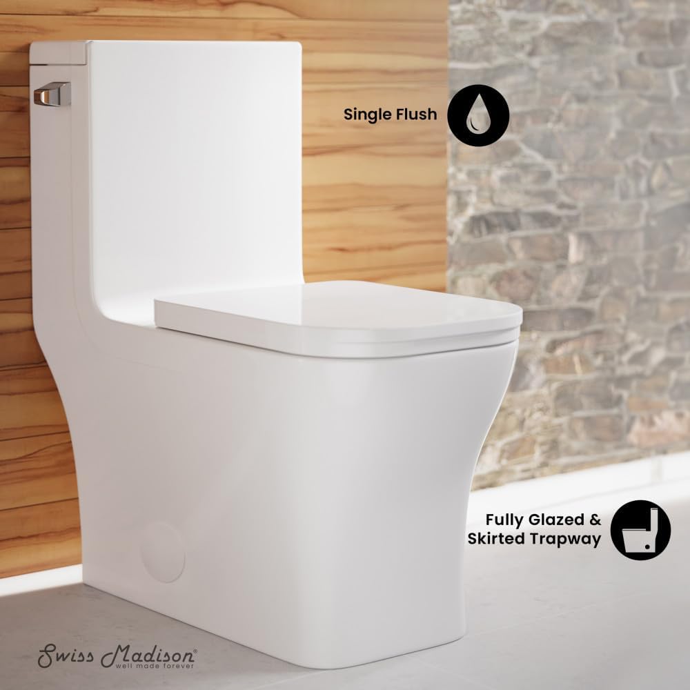 Swiss Madison Concorde One-Piece 14' Rough-in 1.28 GPF Left-Hand Flush Square Toilet in Glossy White