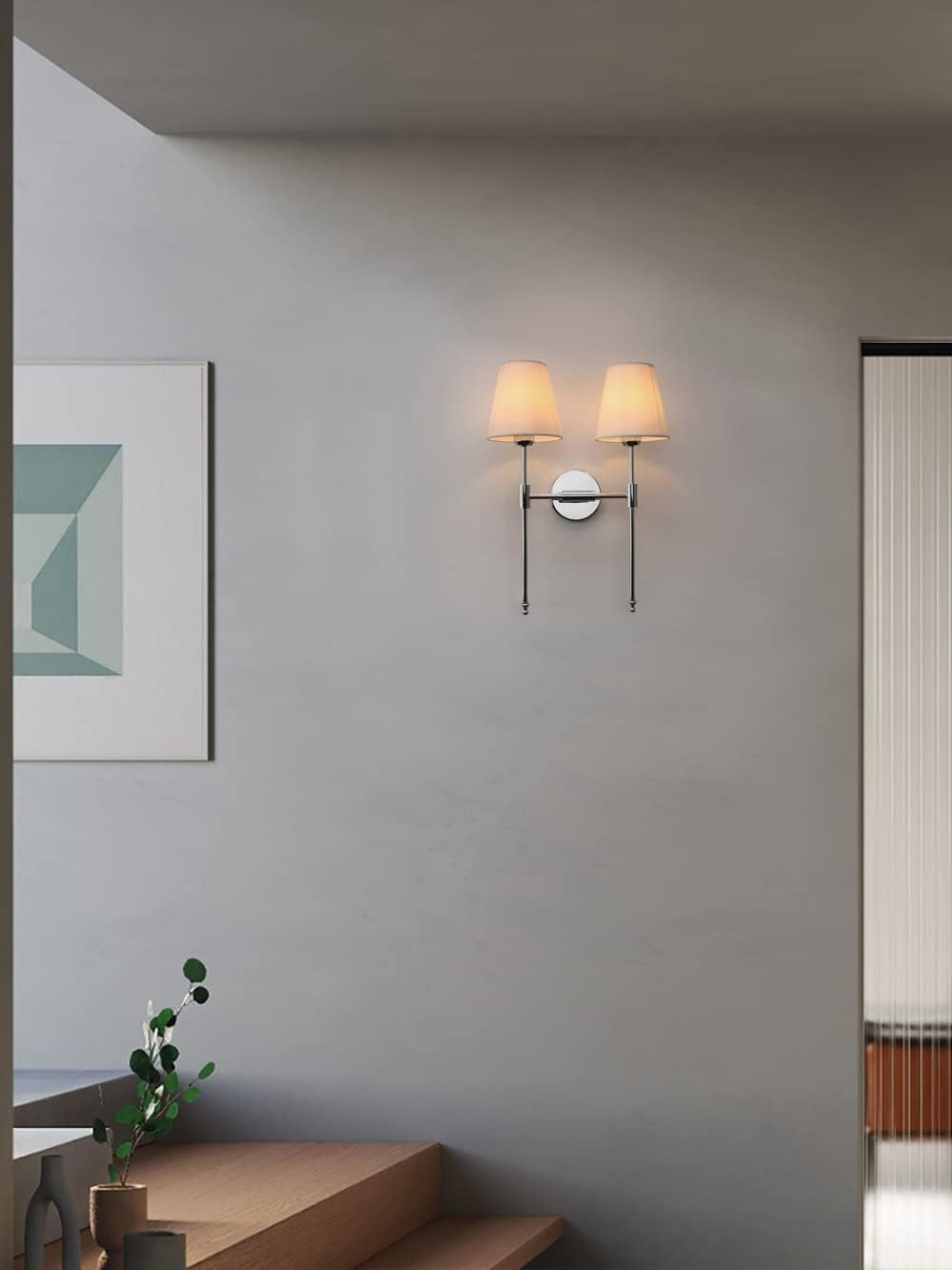 PERMO Classic Double Sconce Chrome 2 Lights Wall Sconce Rustic Wall Mount Lighting Fixture with Flared White Textile Lamp Shade