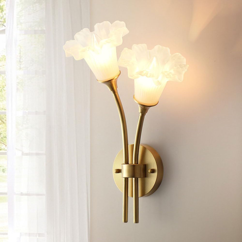 Elegant Brass Wall Light Fixture French Flower Glass Wall Sconce Luxurious Brushed Brass Bathroom Vanity Lighting, 2-Light Floral Home Decor Lights Fixture for