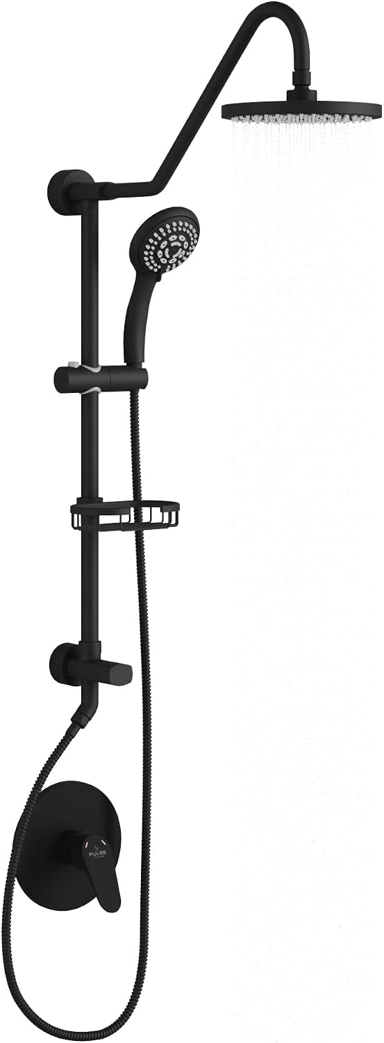 PULSE ShowerSpas Kauai III Matte Black Rain Shower Head with Handheld Spray - 2.5 GPM, 8' Showerhead, 5-Function HandShower, Adjustable Slide Bar - Shower Heads with Handheld Spray Combo