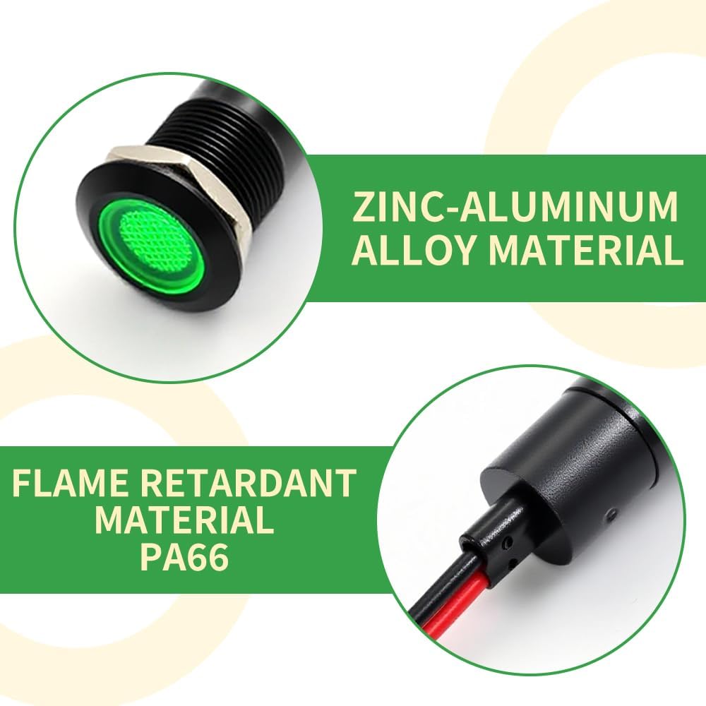 50PCS 12mm (1/2') Green LED Indicator Light Waterproof Metal Signal Lamp 5V 12V 24V IP67 Pilot Dash Head for Car Industrial Equipment Light (12V-Black Shell Green 50PCS)