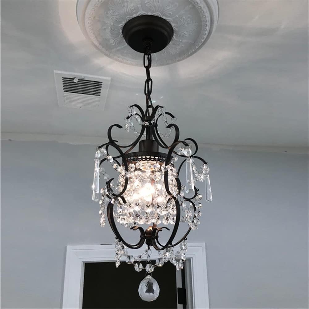 Modern Crystal Chandelier Rustic Vintage Wrought Iron K9 Raindrop Pendant Light Adjustable Chain Ceiling Hanging Lighting Fixture for Entry Hallway Cloakroom Restaurant Bathroom Foy T-256(Black)
