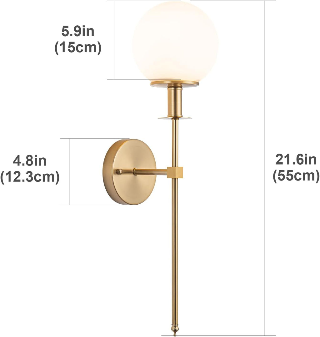 Wall Sconces Set of 2, Modern Globe Glass Shade, not Hardwired Brass Fixture Lighting (Gold-06)