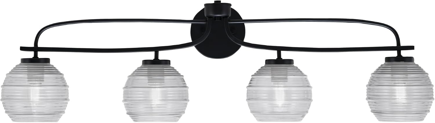 Toltec Lighting Cavella 4-Light Bath Bar – Modern Vanity Light Fixture for Bathroom – Dimmable and LED-Compatible Wall Light – Matte Black Finish, 6' Clear Ribbed Glass