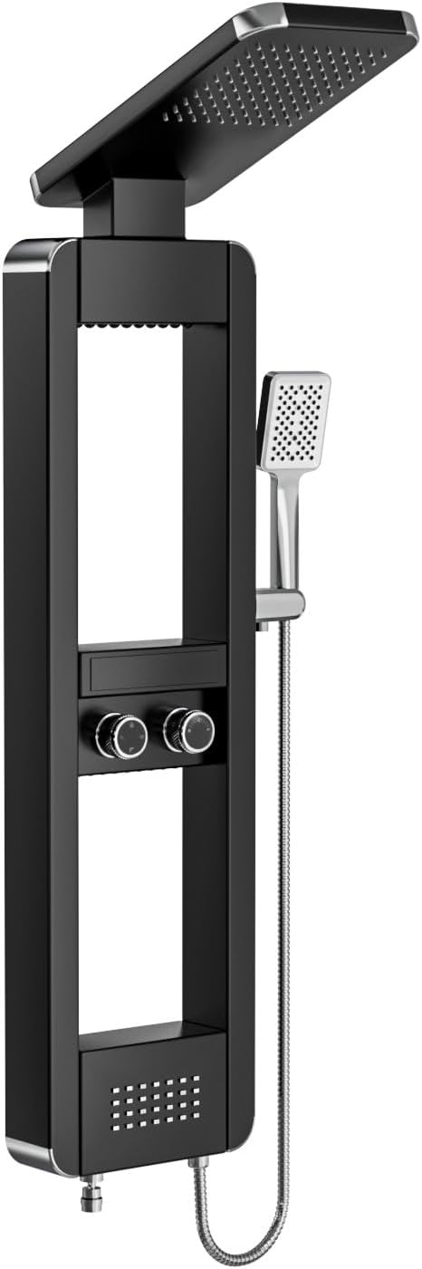 ELLO&ALLO Shower Panel Tower System with Shelf, Rainfall Shower Head and Rain Massage System with Body Jets, Stainless Steel Bathroom Fixtures, Black&Chrome