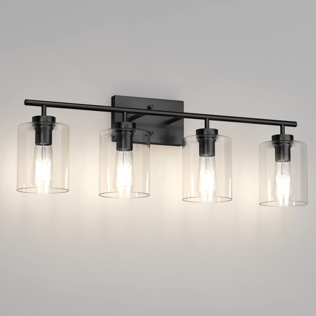 Aipsun 4 Lights Black Bathroom Vanity Light Over Mirror with Clear Glass Shades Industrial Bathroom Light Fixtures (Exclude Bulb)