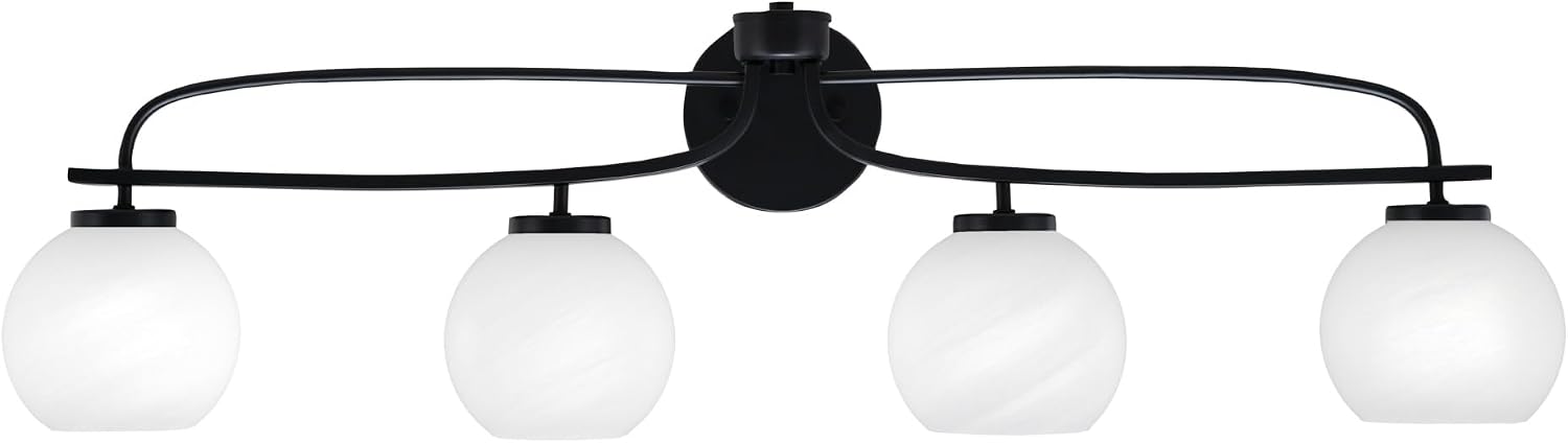 Toltec Lighting Cavella 4-Light Bath Bar – Modern Vanity Light Fixture for Bathroom – Dimmable and LED-Compatible Wall Light –Matte Black Finish, 5.75' White Marble Glass