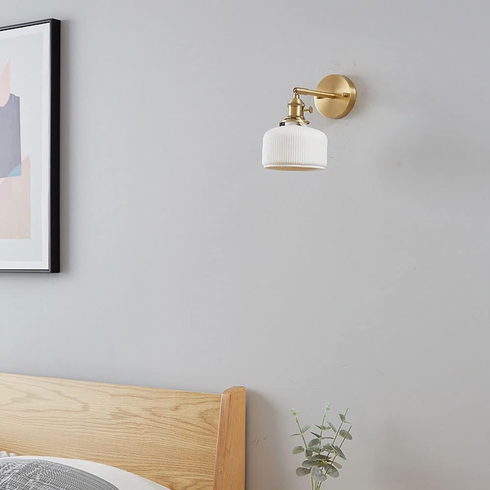 Adjustable Wall Mount Light White Ceramic Shade Brass Wall Sconce, Copper Wall Lighting Fixture Set of 2, Modern Wall Lamps Indoor Wall Wash Lights for Bedroom Bedside