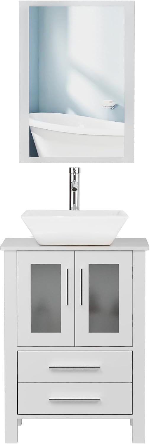 UEV 24' White Bathroom Vanity with Ceramic Vessel Sink, Modern Bathroom Vanity Cabinet, Pop Up Drain and 30% Water-Saving Design, Faucet, Soft Closing Drawers/Doors, Mirror Not Included(A07)