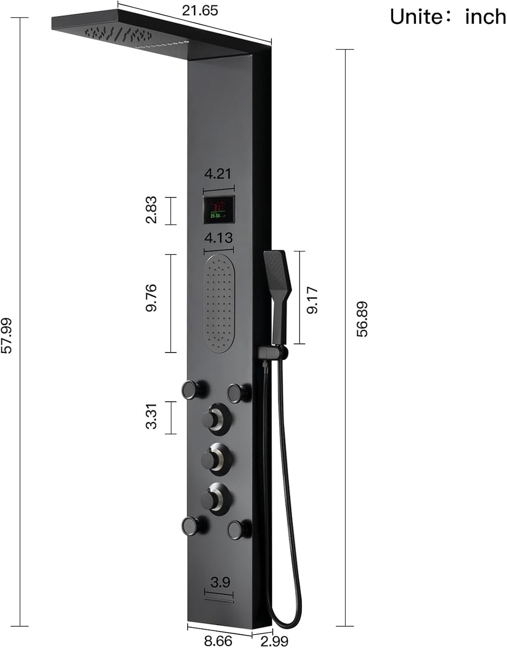 Black Shower Panel Tower System, LED Light Shower Tower with Large Area Body Jet Massage Shower Fixtures with LCD Temperature Display, Adjustable Body Jets Tub Spout Hand Shower, Black