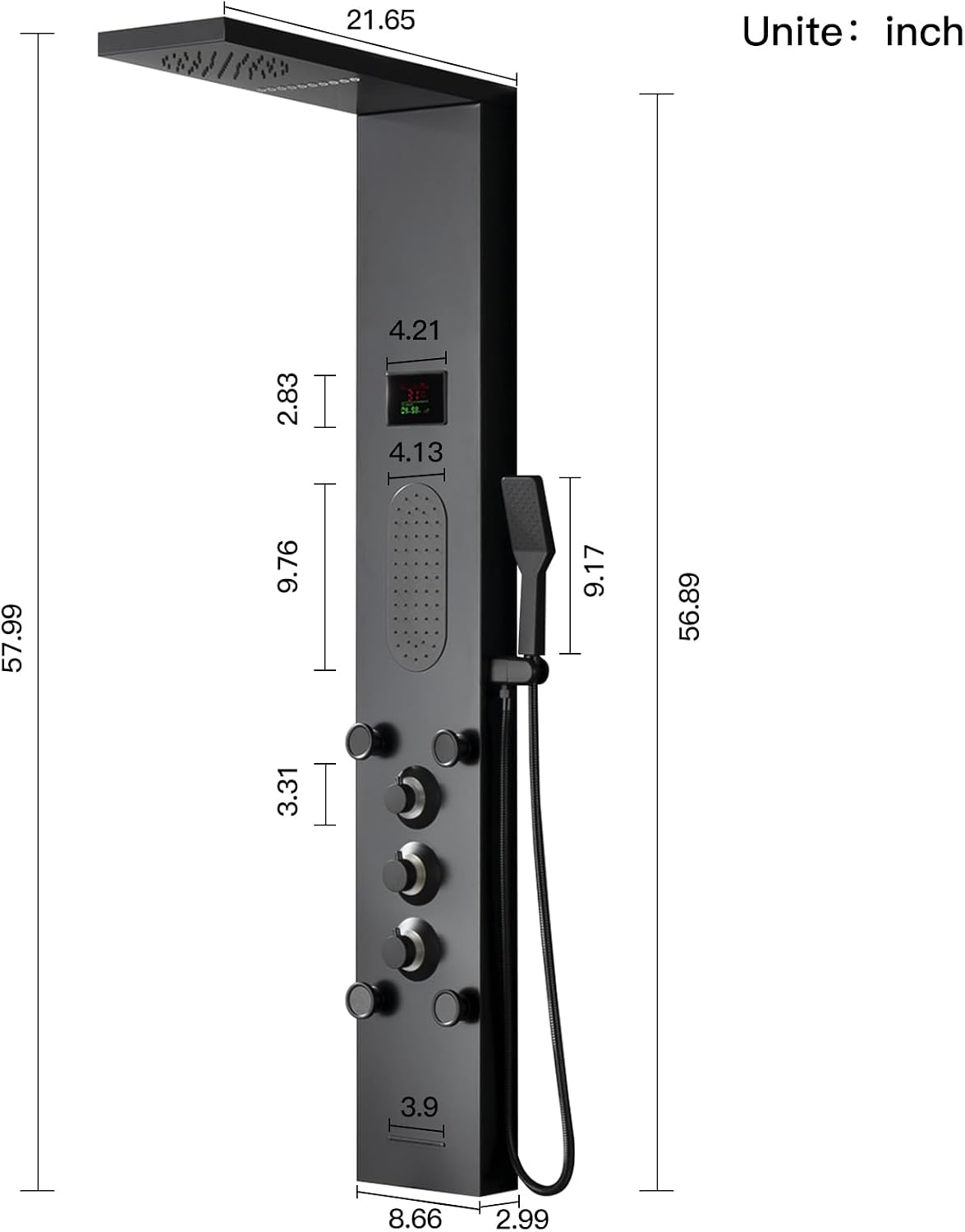 Black Shower Panel Tower System, LED Light Shower Tower with Large Area Body Jet Massage Shower Fixtures with LCD Temperature Display, Adjustable Body Jets Tub Spout Hand Shower, Black