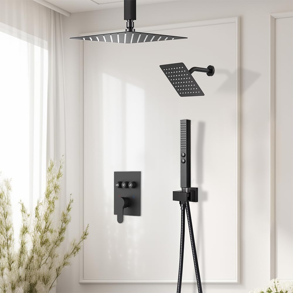 Shower Faucet Set Shower Systems, Push Button Diverter Shower Set for Two People,10'+6' Ceiling Mount Dual Rain Shower Heads with 2-in-1 Handheld Spray, Matte Black Shower Faucet Trim Kit