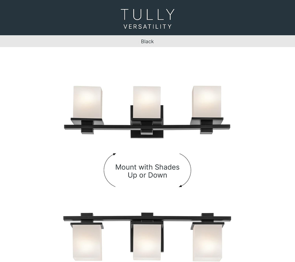 Kichler Tully 24' 3-Light Bathroom Vanity Light Fixture with Satin Etched Cased Opal Glass in Black for Over Mirror, Soft Modern Style (24' x 6.5' x 7'), 45151BK