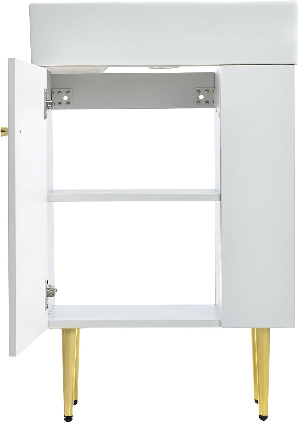 21.6-Inch Bathroom Vanity with Sink, Free Standing Vanity Cabinet with Storage Cabinet & Right Two-Tier Shelf, Wood Bath Organizer with Ceramic Sink for Bathroom, White