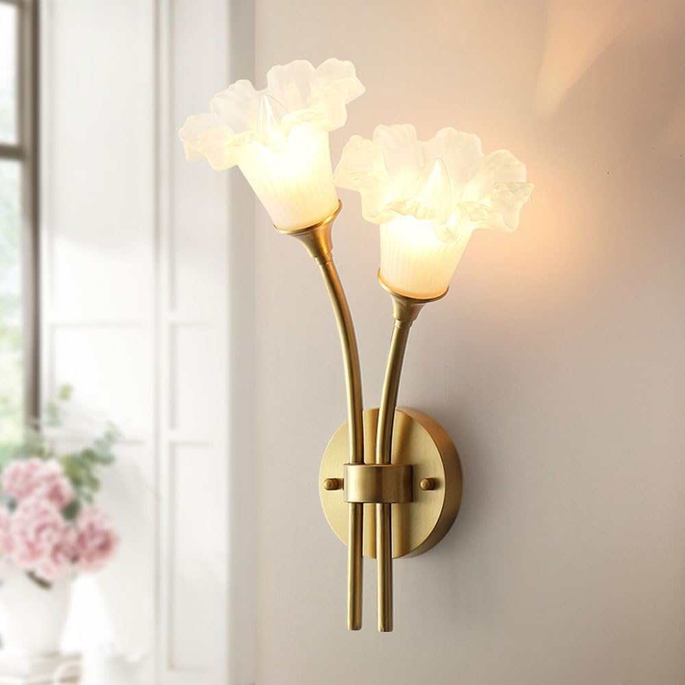 Elegant Brass Wall Light Fixture French Flower Glass Wall Sconce Luxurious Brushed Brass Bathroom Vanity Lighting, 2-Light Floral Home Decor Lights Fixture for