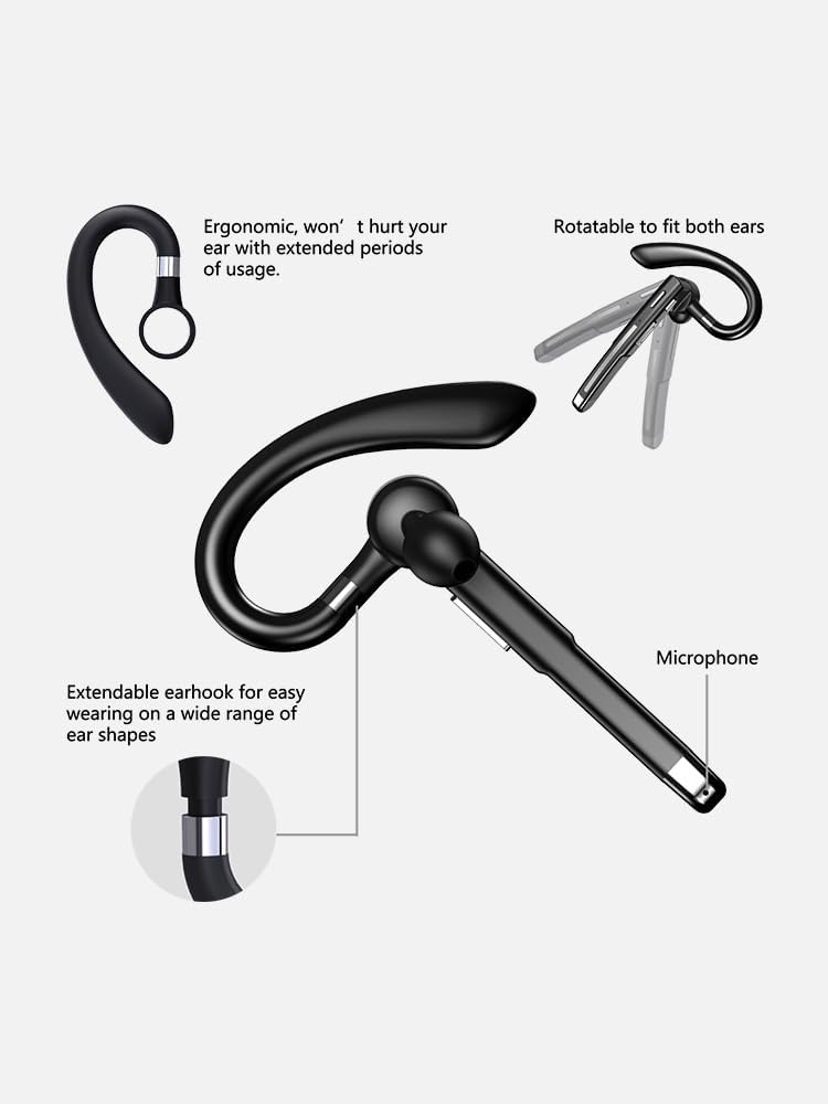 Single-Ear Buds Bluetooth Wireless Headphones Business Headsets with Earhooks ,Bluetooth Earpiece CVC8.0 Dual Microphone Call Noise Reduction Earphones for 12 Hours of Talking,IPX7 Waterproof,Black