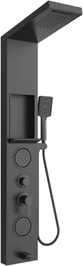 ELLO&ALLO Shower Panel System Tower with Shelf, Rainfall and Waterfall Head Rain Massage Stainless Steel Bathroom Fixtures with Adjustable Body Jets, Black