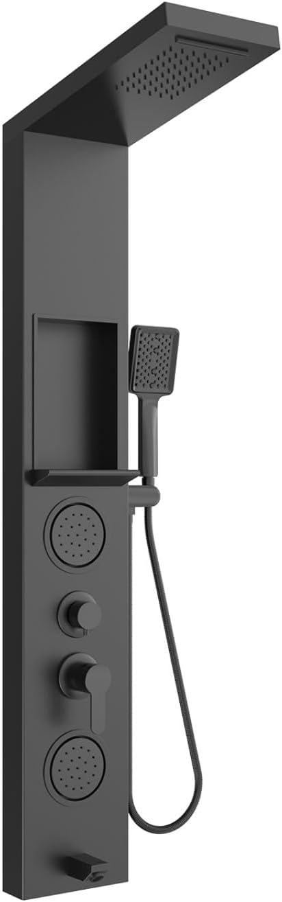 ELLO&ALLO Shower Panel System Tower with Shelf, Rainfall and Waterfall Head Rain Massage Stainless Steel Bathroom Fixtures with Adjustable Body Jets, Black