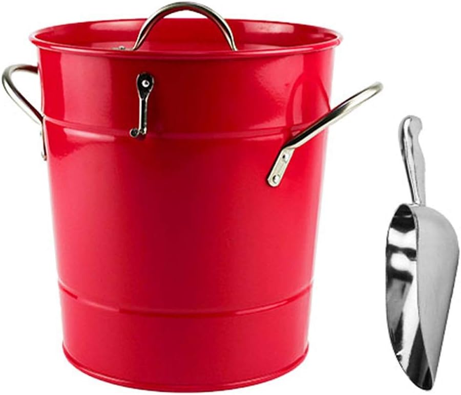 BTZHY Ice Bucket,Tub Metal Double Walled with Lid and Scoop Bar Home Champagne Barrel Wine Barrel 3 Colors/Red