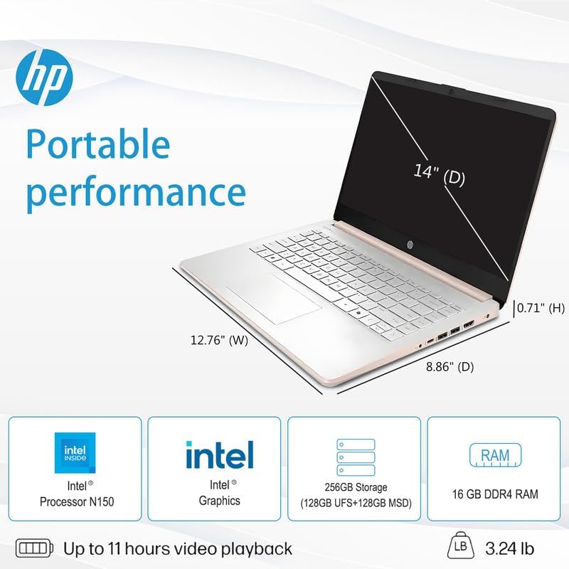 HP 14' Laptop for Student Business, 1 Year Office 365 & AI-Copilot, Intel Processor N150(Quad-Core), 16GB RAM• 256GB Storage(128GB UFS+128GB Micro SD)• WiFi 6• Win11 Pro, Seibosfy