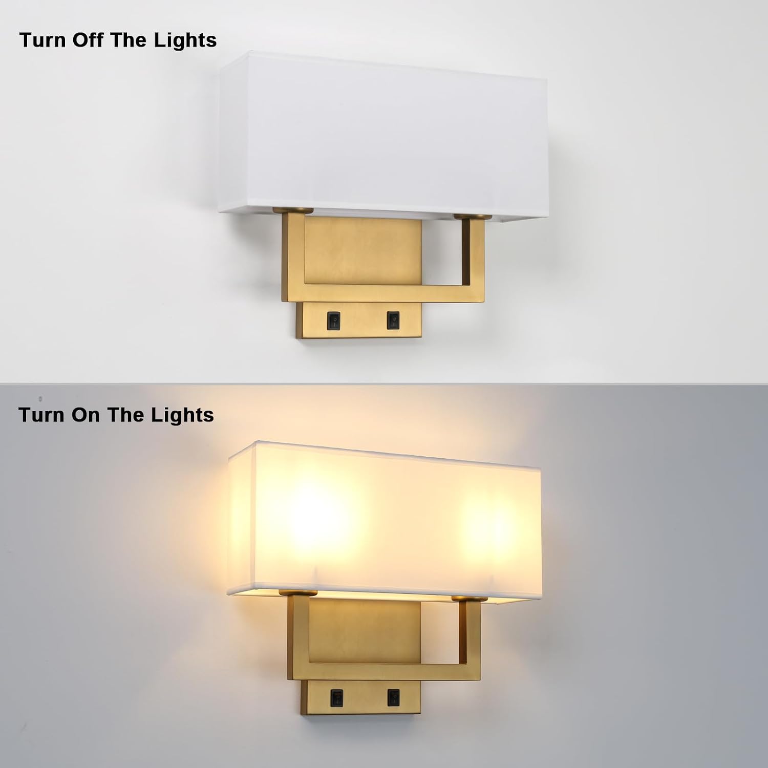 Yosoan Set of 2 Indoor Bedside Wall Sconce with On Off Switch, Modern Boho Interior Finish Brass 2-Light Vanity Vintage Industrial with Square White Fabric Shade for Reading Room Hallway(Antique)