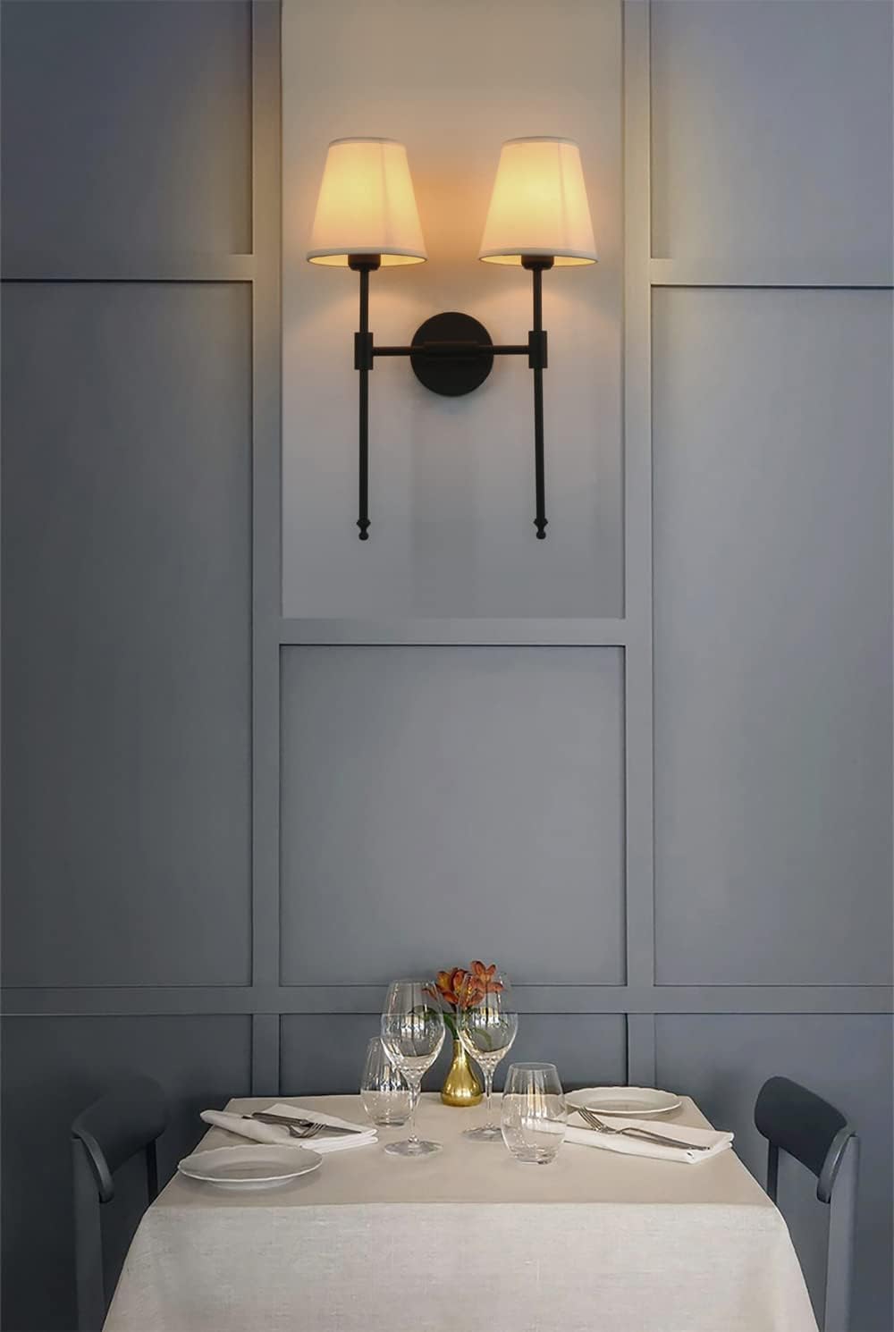 PERMO Classic Rustic Double Sconce 2-Lights Wall Sconce Lighting Fixture with Flared White Textile Lamp Shade and and Black Finished Long Arm,Wall Sconce Light Fixture for Bathroom Bedroom Bedside