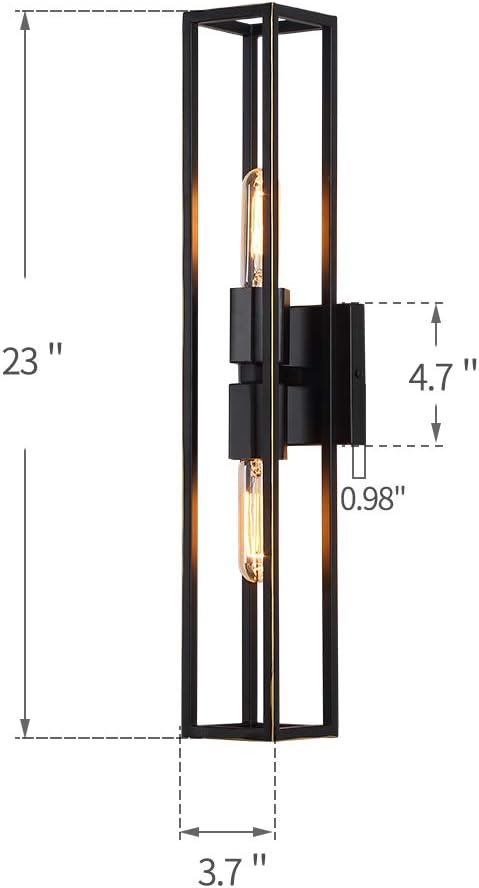 Two Bulb Metal Frame Wall Scones Square Symmetrical Structured Rectangular Vanity Wall Light Bathroom Gallery Entry Salon (Black)