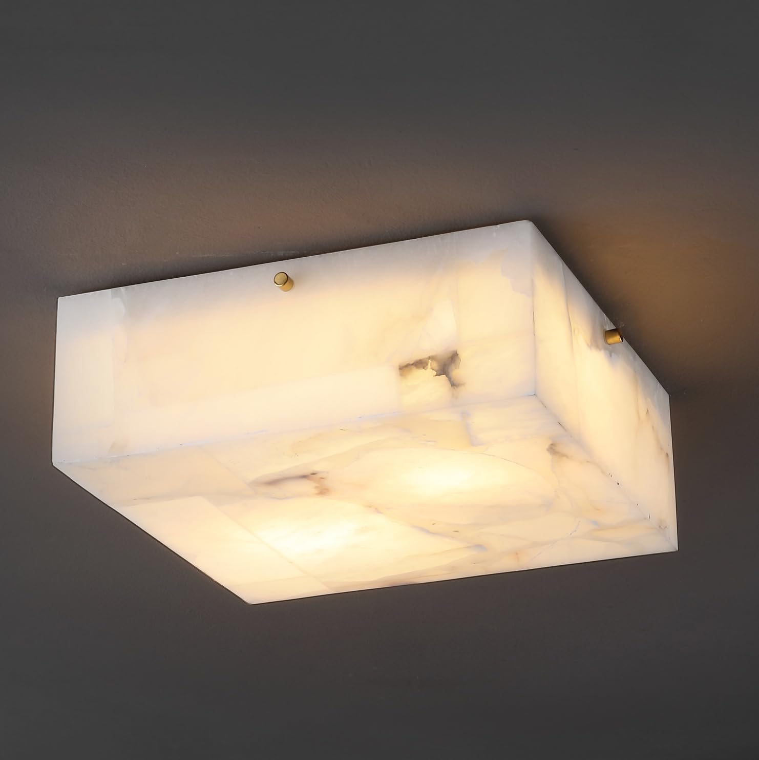 JONATHAN Y 13' Brass Gold Square LED Flush Mount Ceiling Light, Modern Decor, White Marble Alabaster Shade, 2-Light Fixture for Bedroom, Hallway, Bathroom, Glam Lighting JYL1201A