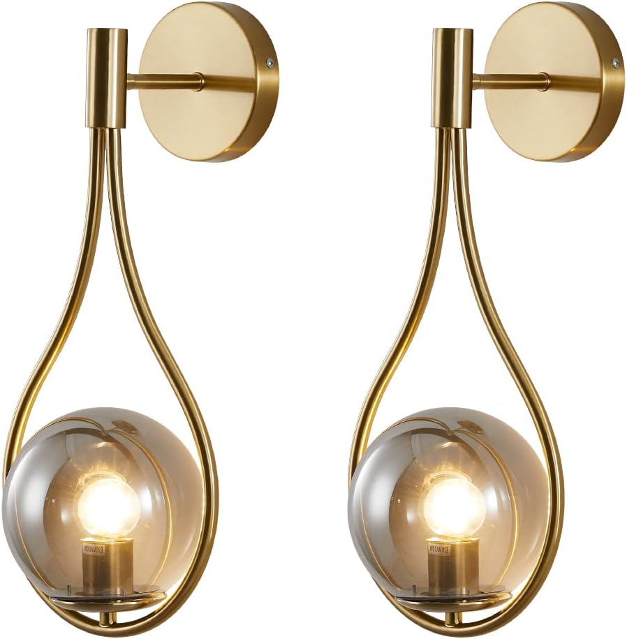 BOKT Modern Golden Metal Wall Sconce Mid Century Simple Wall Lights Farmhouse Wall Lighting Fixture Gold Round Ball Smokey Grey Globes Ceiling Bedside Reading Light for Study Laundry Living Room…
