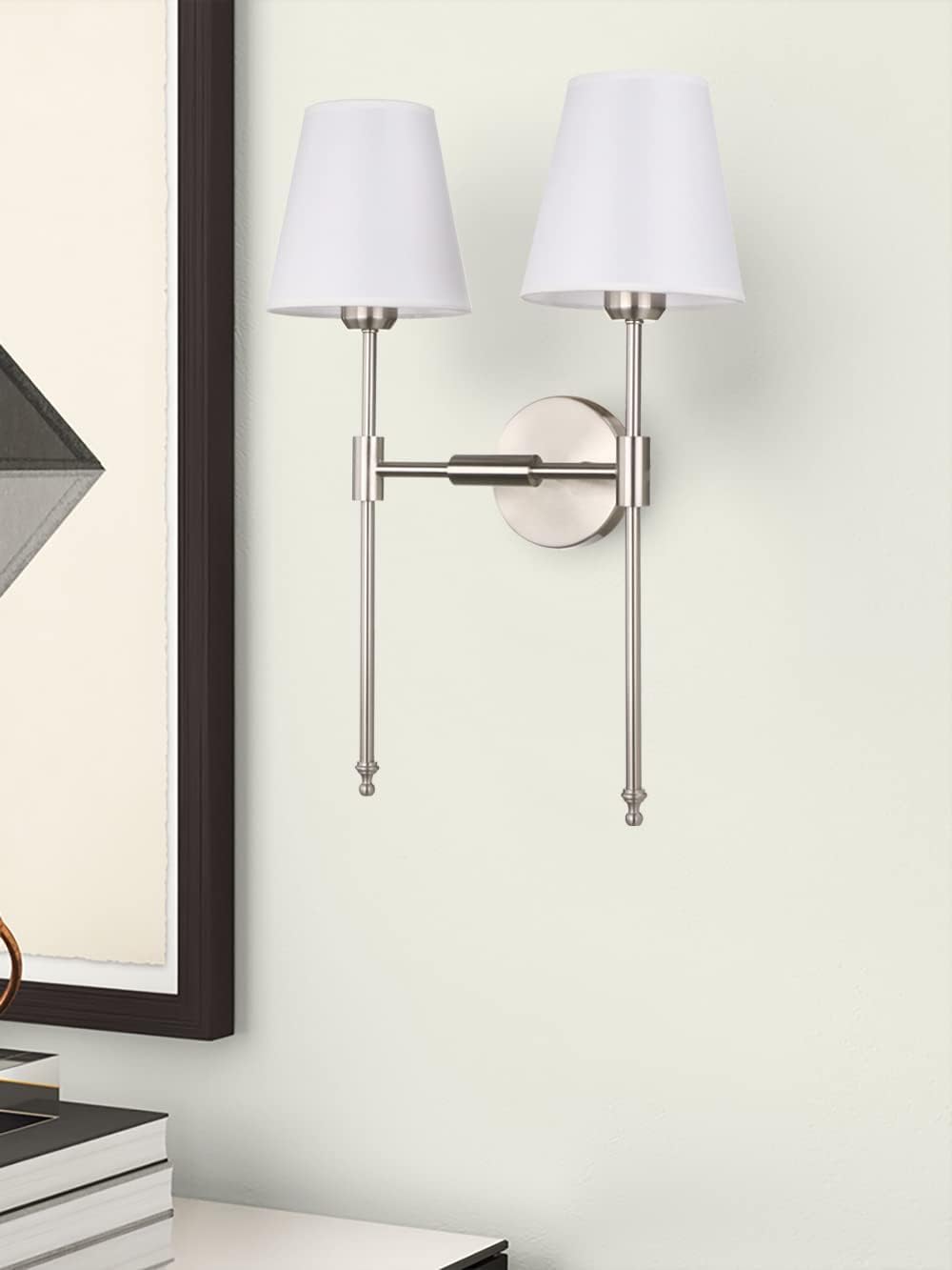 PERMO Industrial Double Sconce Large 2-Lights Wall Sconce with Flared White Textile Lampshade and Brushed Nickel Finished Long Arm for Bathroom Bedroom, Hardwired Wall Sconces
