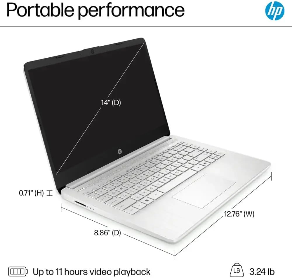 HP 14 Laptop Ultra Thin & Light, Intel N150 Quad-Core Processor, 8G RAM, 128GB SSD, HDMI, USB-C, WiFi 6, SD Card Reader, Microsoft Office 365 Included, Windows 11, Silver, XtreDura Accessories
