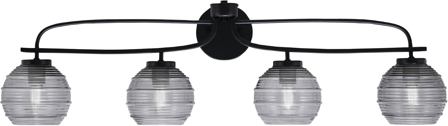 Toltec Lighting Cavella 4-Light Bath Bar – Modern Vanity Light Fixture for Bathroom – Dimmable and LED-Compatible Wall Light – Matte Black Finish, 6' Smoke Ribbed Glass