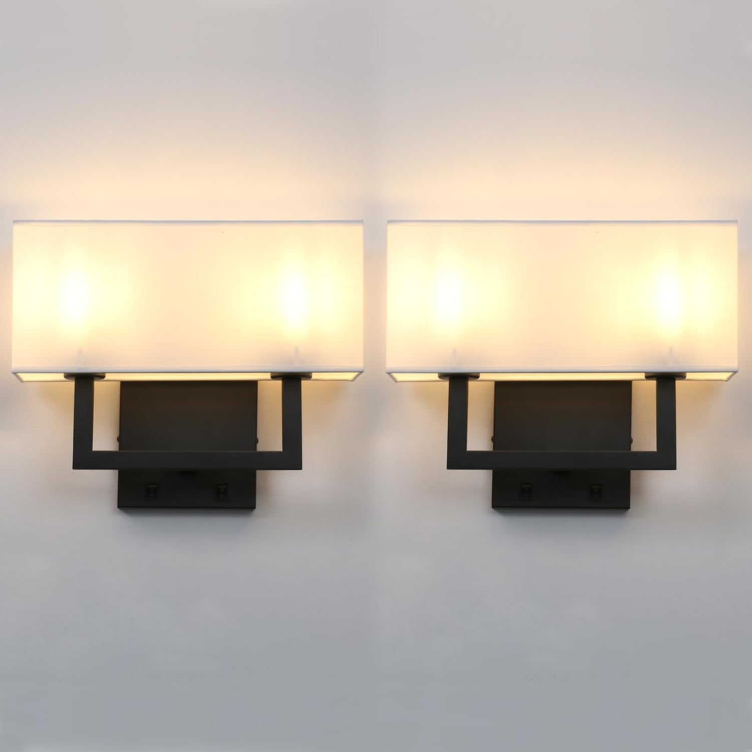 Yosoan Set of 2 Indoor Bedside Wall Sconce with On Off Switch, Modern Boho Interior Finish Brass 2-Light Vanity Vintage Industrial with Square White Fabric Shade for Reading Room Hallway(Black)