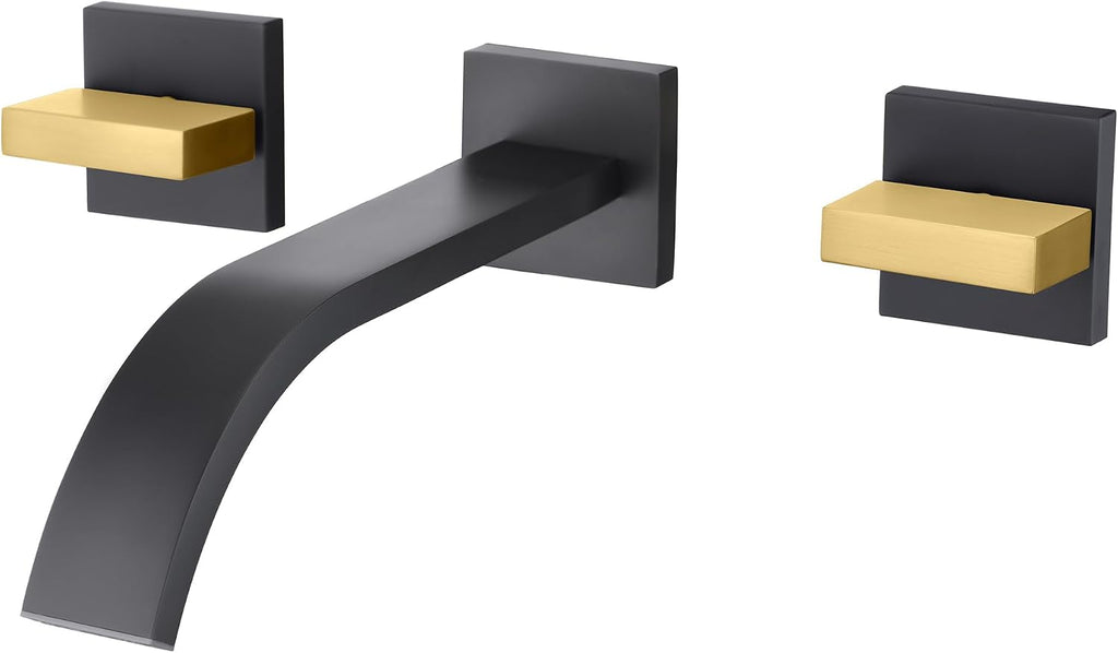 SUMERAIN Wall Mounted Faucet for Bathroom Sink Black and Gold Finish, Lavatory Basin Faucet with Two Handles and Rough in Valve