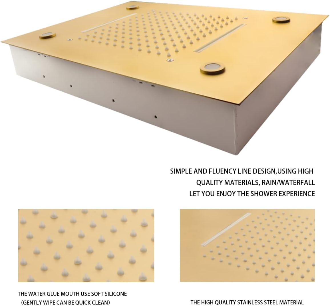 Brushed Gold LED Ceiling Rain Shower Head 14X20 Inch Bathroom Rectangle Embedded Type With Smart LED Lights Control (Waterfall And Rain Shower Head)