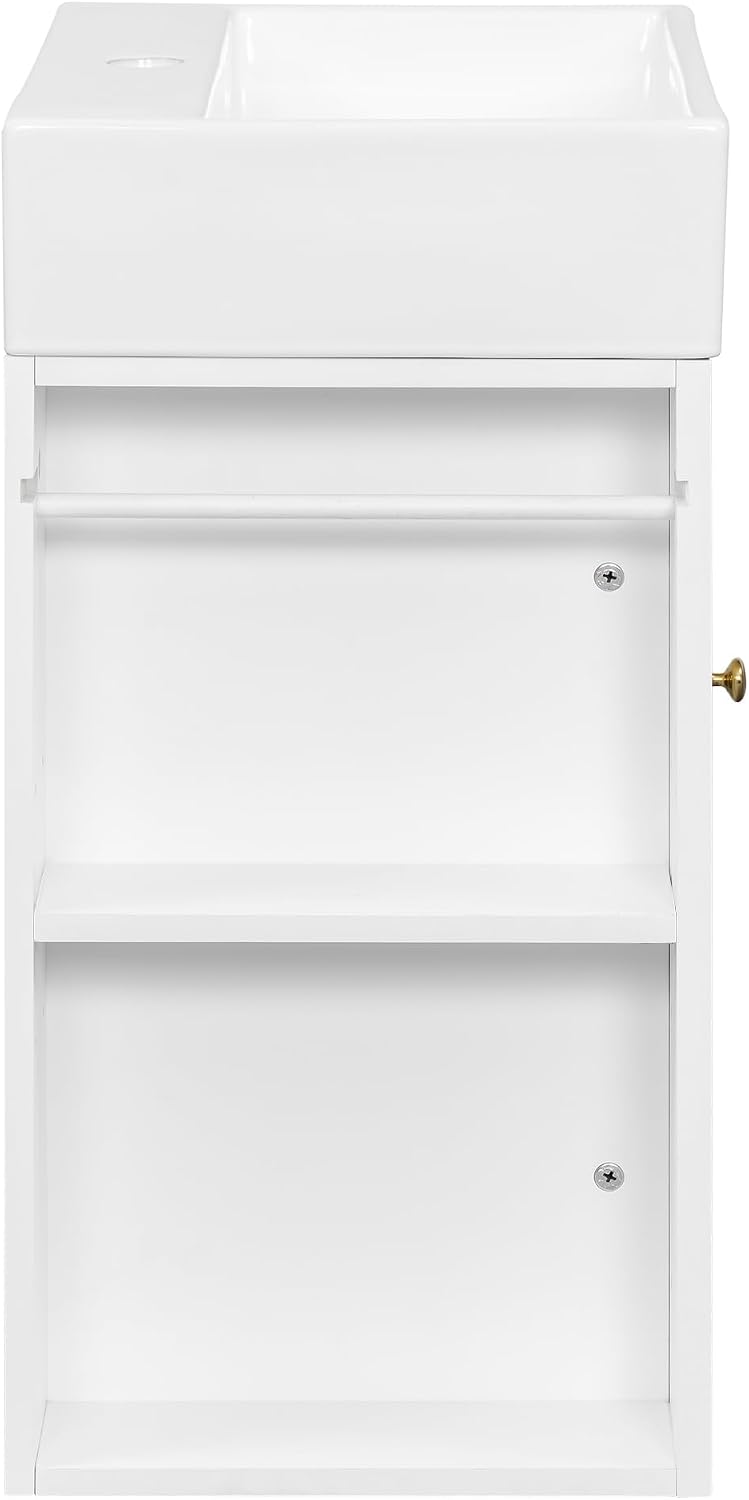 20-inch Bathroom Vanity with Sink Combo, Wall-Mounted Single Storage Cabinet with One Cabinet & Left 2-Tier Storage Shelves, Wooden Vanity with Ceramic Basin for Bathroom, White