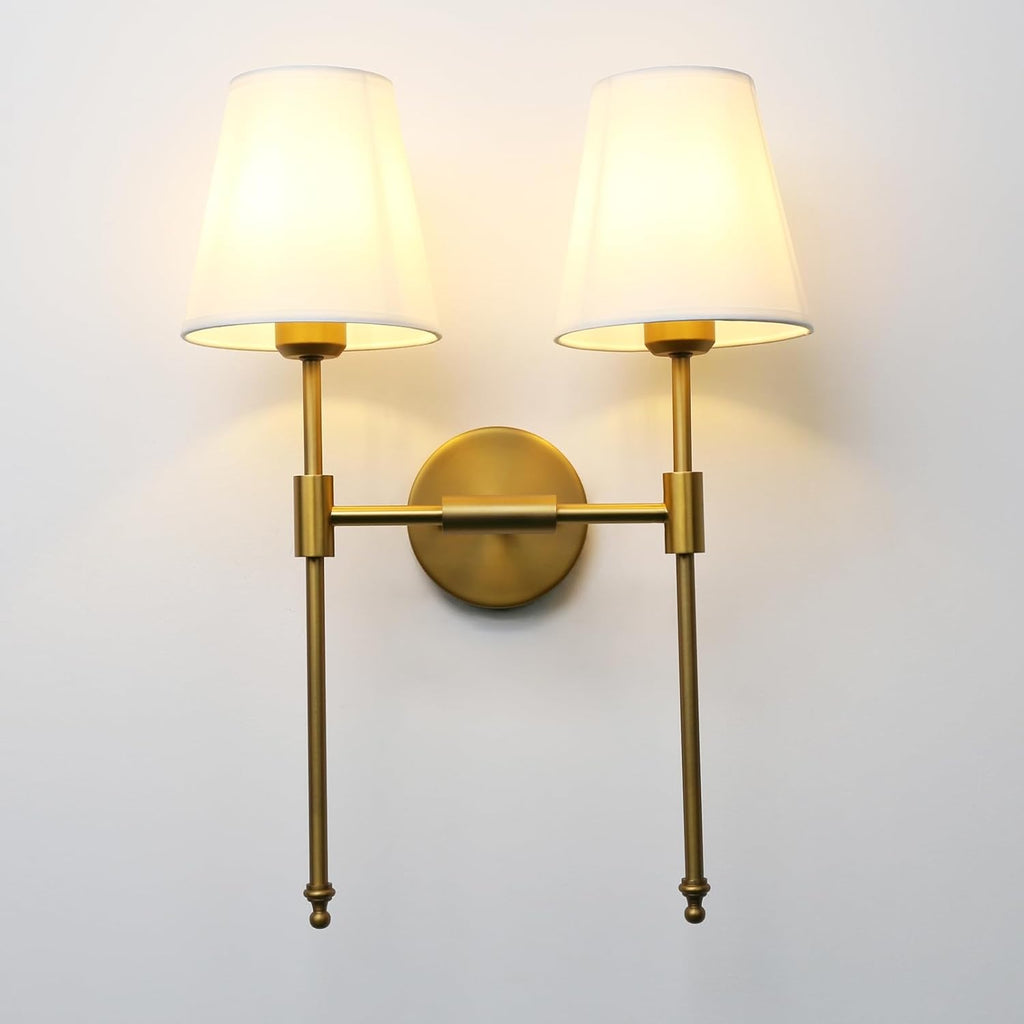 PERMO Classic Rustic Double Sconce Large 2-Lights Wall Sconce with Flared White Textile Lamp Shade and Antique Brass Finished Long Arm, Wall Sconce Light Fixture for Living Room Bathroom Bedroom